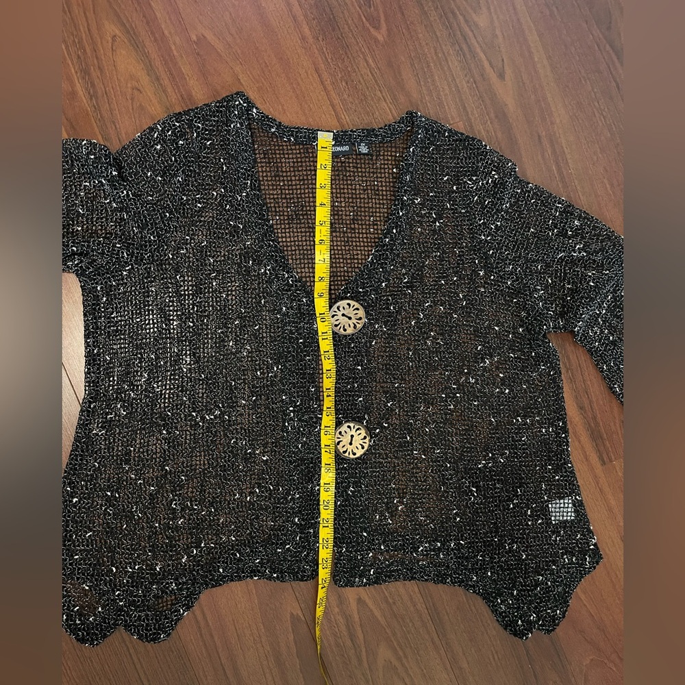 Nina Leonard black mesh cardigan with two large coconut buttons Sz 2X - Picture 6 of 8